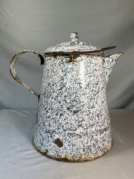 Antique Black & White Graniteware Coffee Pot with Lid