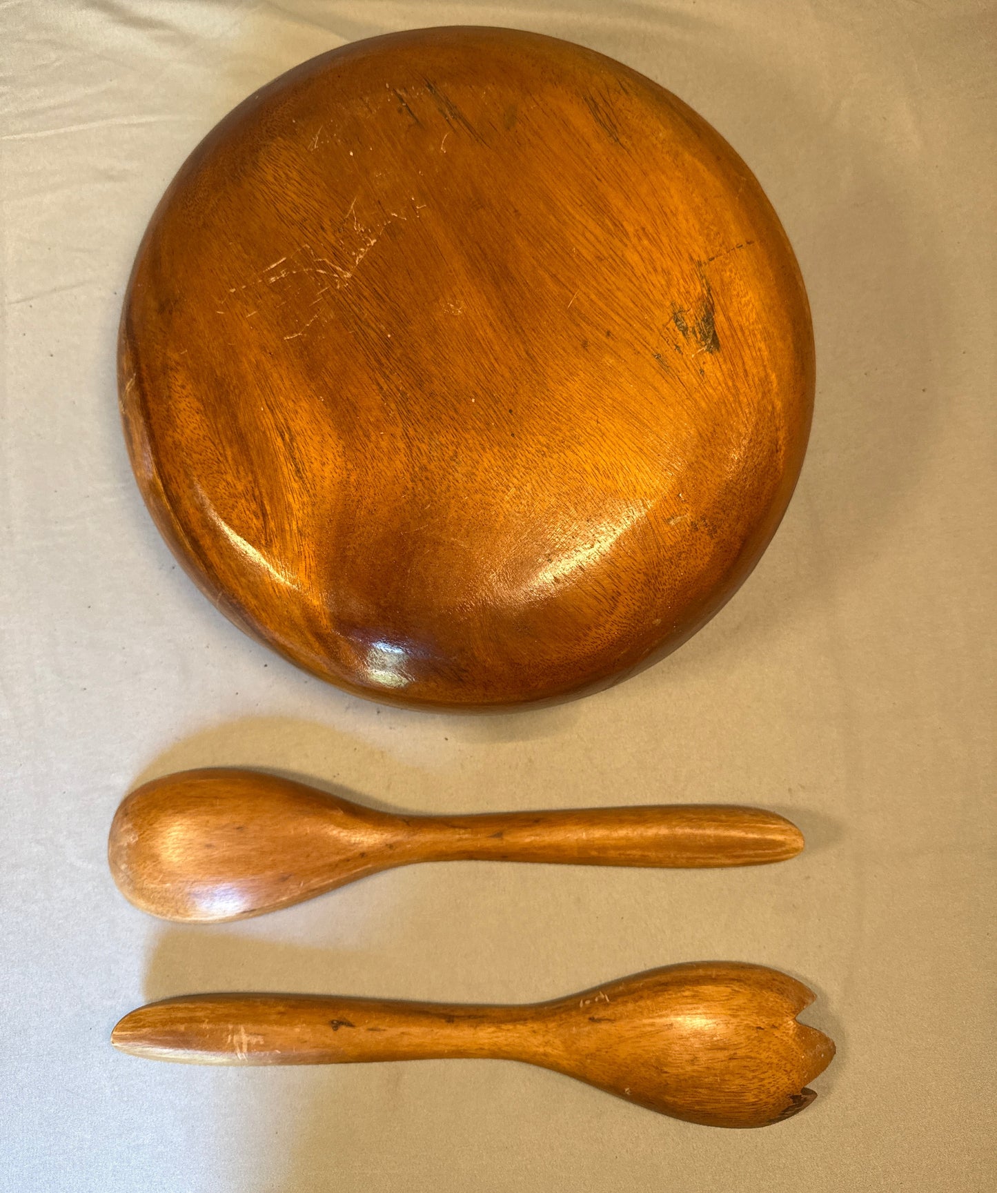 Vintage 12" Hand Turned Wooden Salad Bowl Set w/ Serving Spoon & Fork MCM