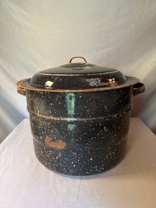 Vintage Graniteware Water Bath Canner Black Speckled Enamel w/ Lid & Rack