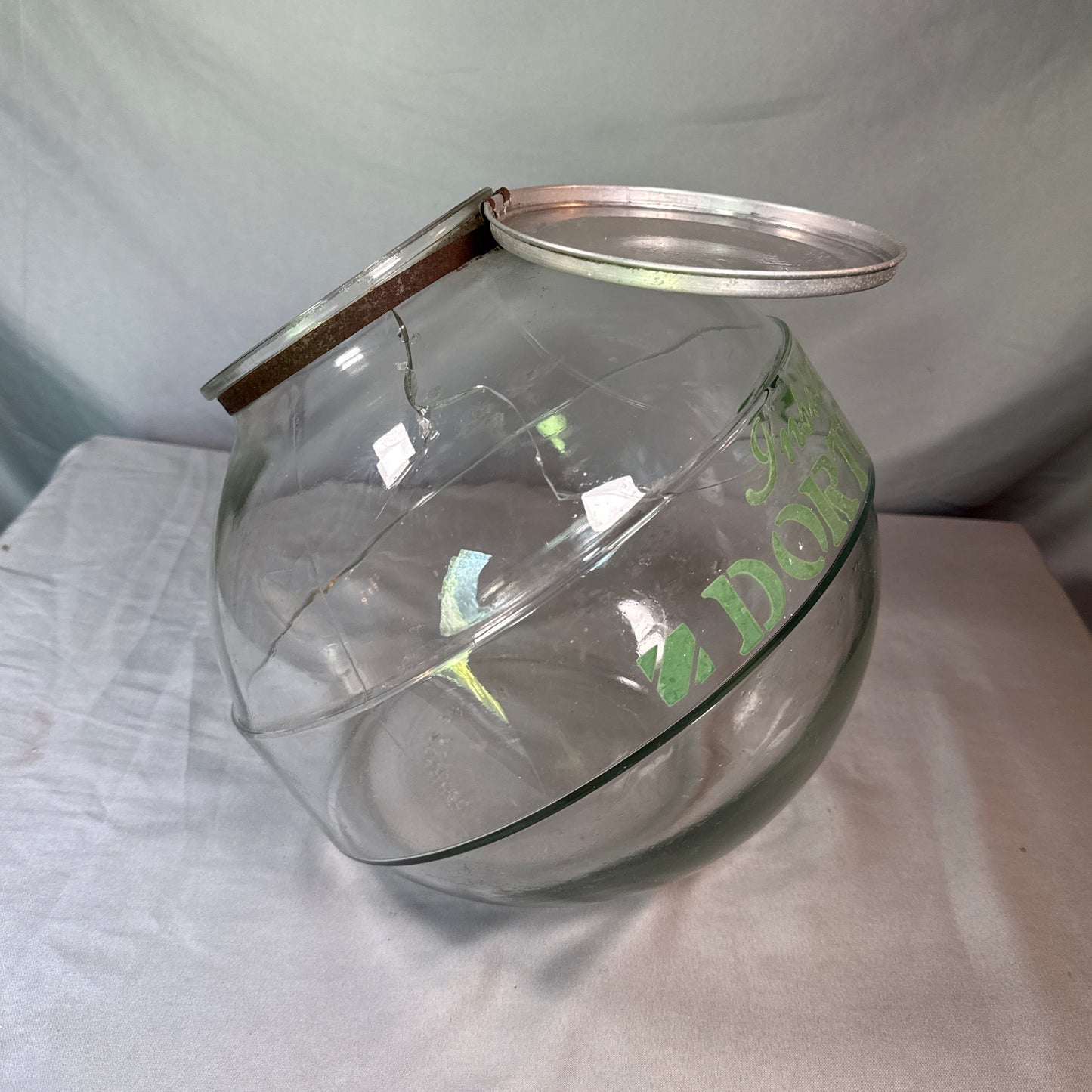 Vintage Dortch's Bakery Country Store Display Jar Hinged Lid Cracked Glass