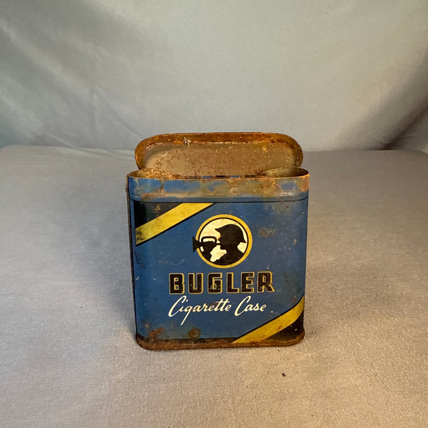 Vintage Bugler Cigarette Case Tin Blue Tobacco Advertising Flip Top Pocket Case