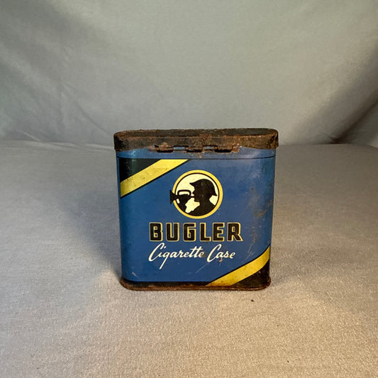 Vintage Bugler Cigarette Case Tin Blue Tobacco Advertising Flip Top Pocket Case