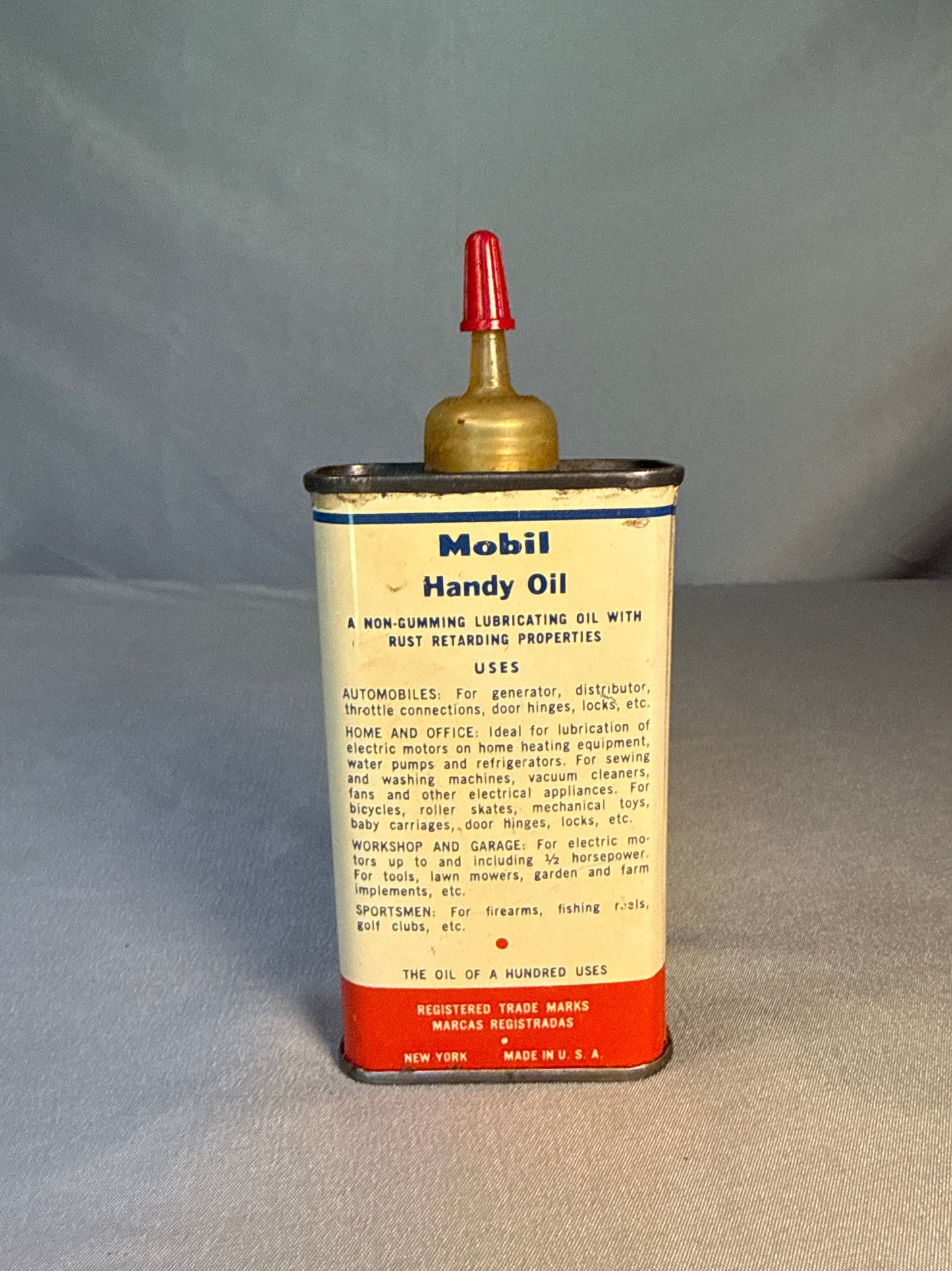 Vintage Mobil Handy Oil Can 4 oz Pegasus Logo Socony Mobil Oil Co Red Cap Spout