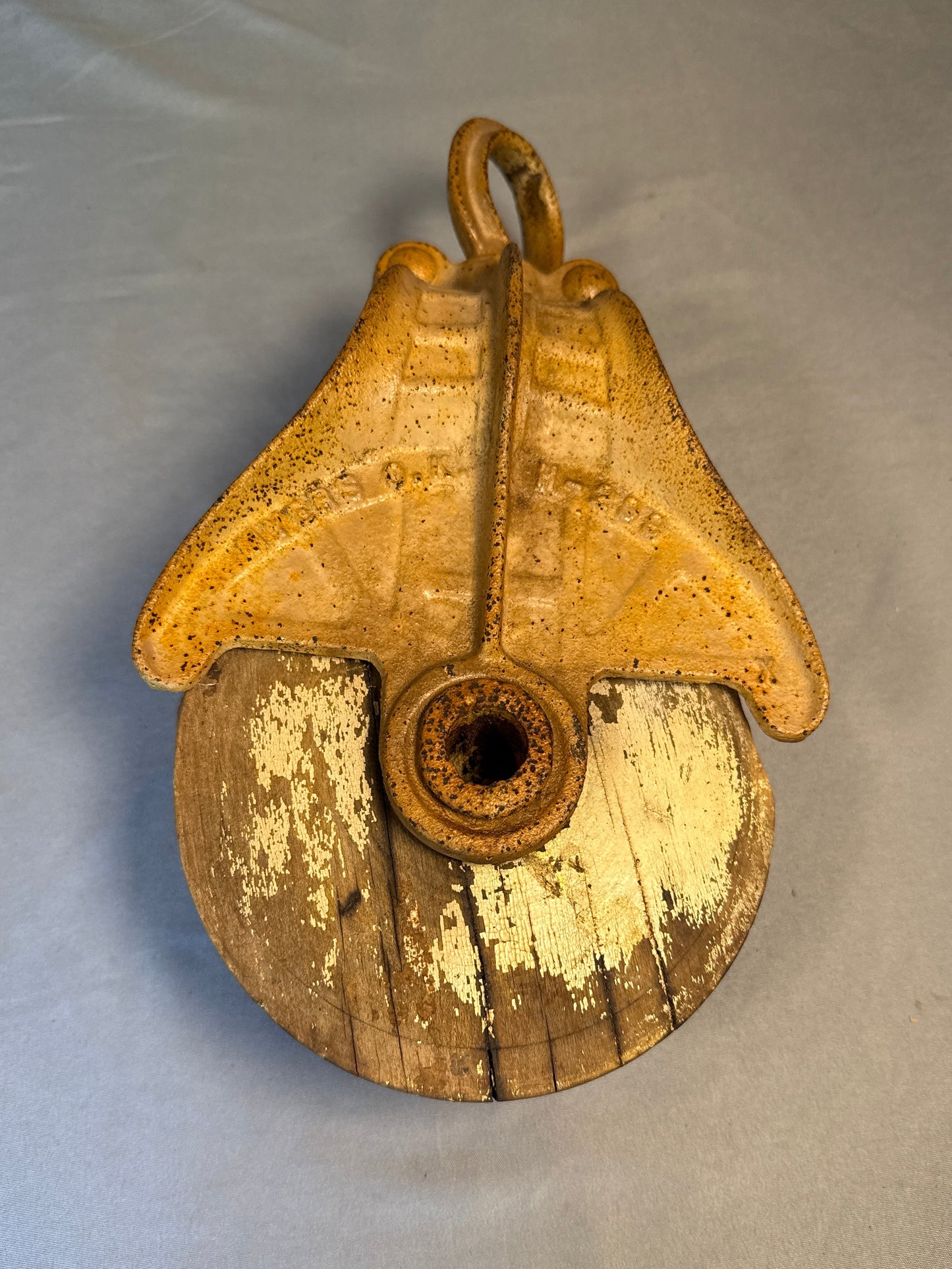 Antique Myers O.K. H-268 Cast Iron Barn Pulley Wood Wheel Farm Hay Tool