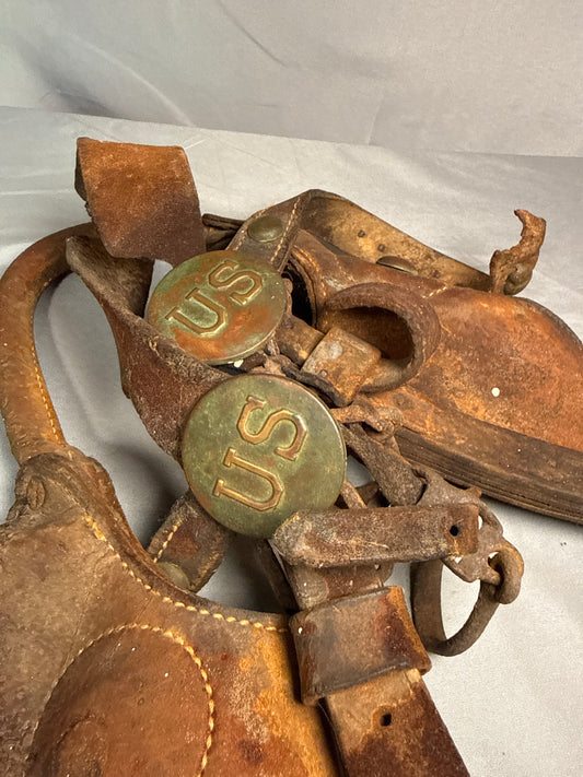 Antique US Cavalry Leather Saddle Bags with Brass US Rosettes