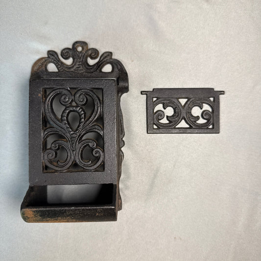 Antique Cast Iron Wall Mount Match Safe with Ornate Scrollwork