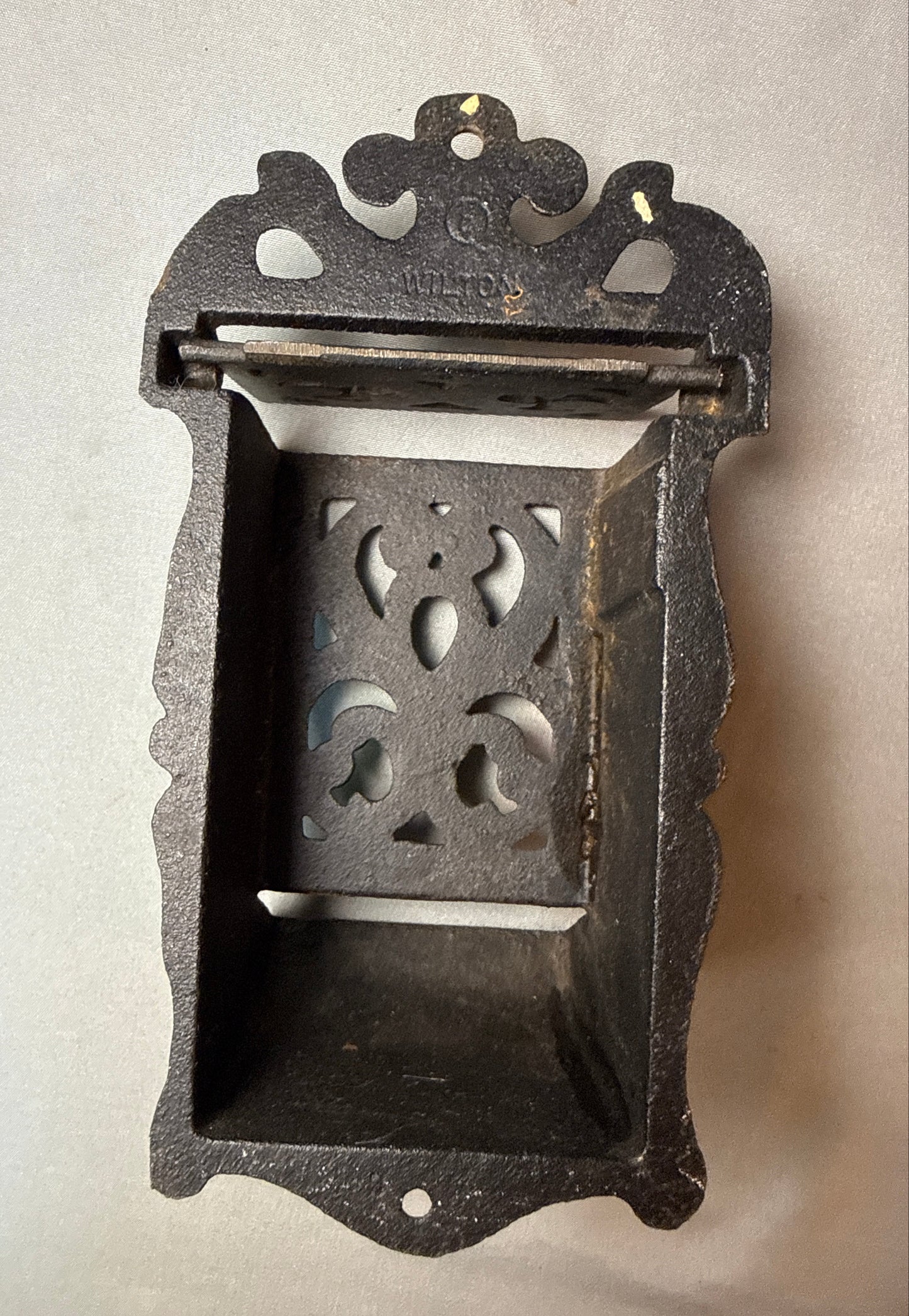 Antique Cast Iron Wall Mount Match Safe with Ornate Scrollwork