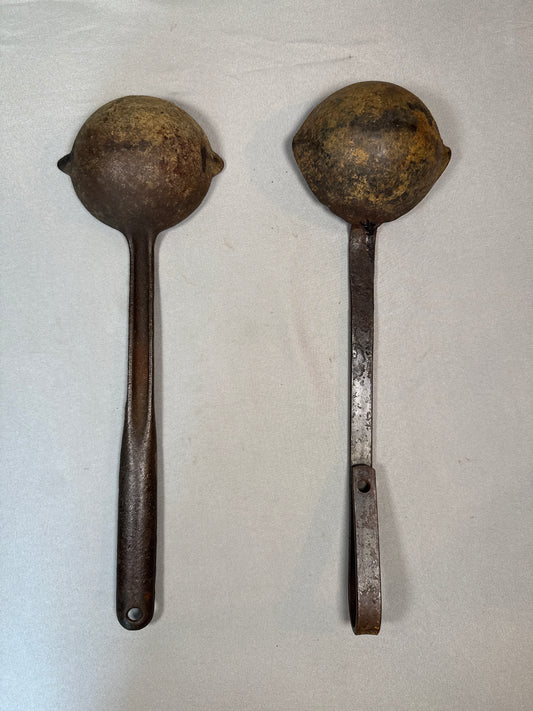 Antique Cast Metal Melting Ladles Pair Long Handle Lead Pouring Foundry Blacksmith Tools