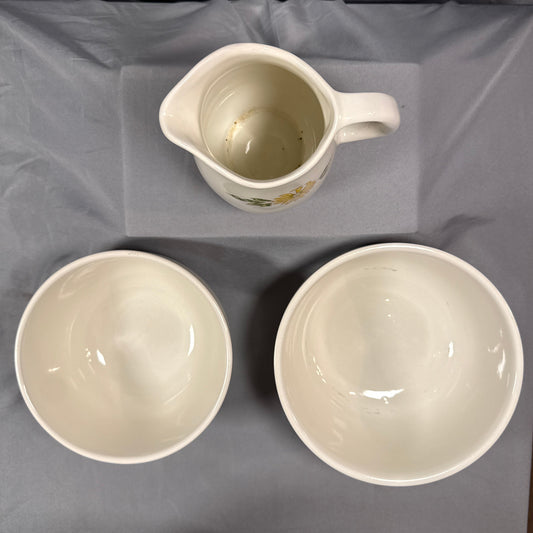 Vintage Yellow Daisy Sunflower Mixing Bowl Pitcher Set Mid Century Ceramic USA