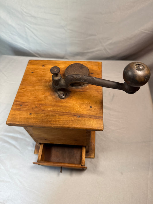 Antique Wooden Box Coffee Grinder Hand Crank Coffee Mill Kitchen Collectible