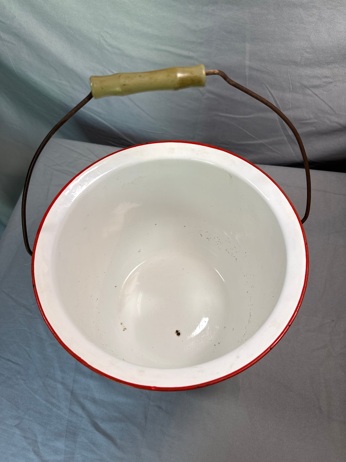 Vintage White Enamel Pail Red Rim Wire Bail Handle Bucket