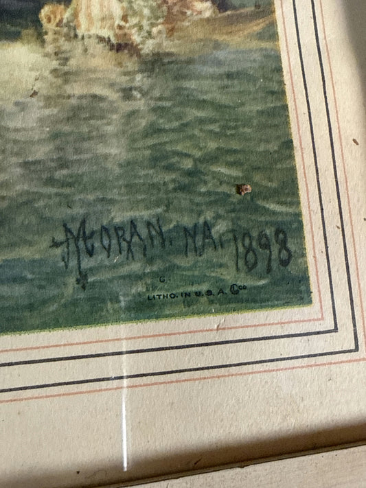 Vintage Moran 1898 Venice Harbor Lithograph Print Framed Wall Art Coastal Landscape