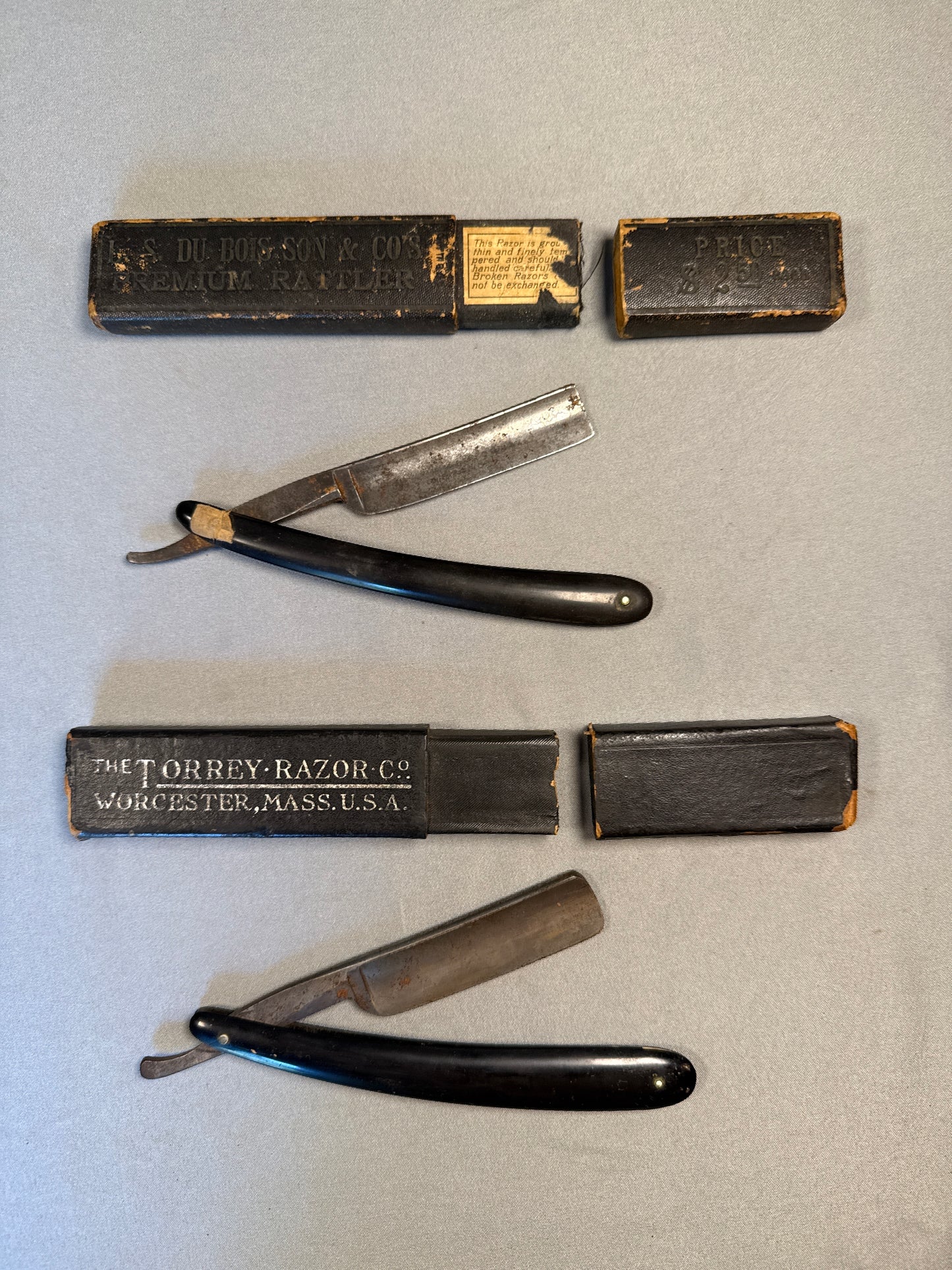 Antique Straight Razor Lot Torrey Razor Co & D.L. Robeson Premium Rattler w/ Original Boxes