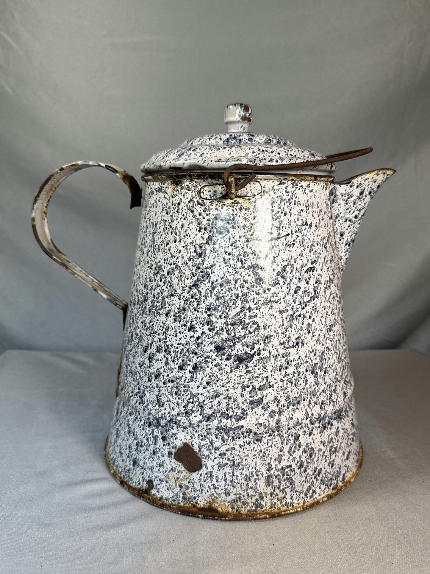 Antique Black & White Graniteware Coffee Pot with Lid