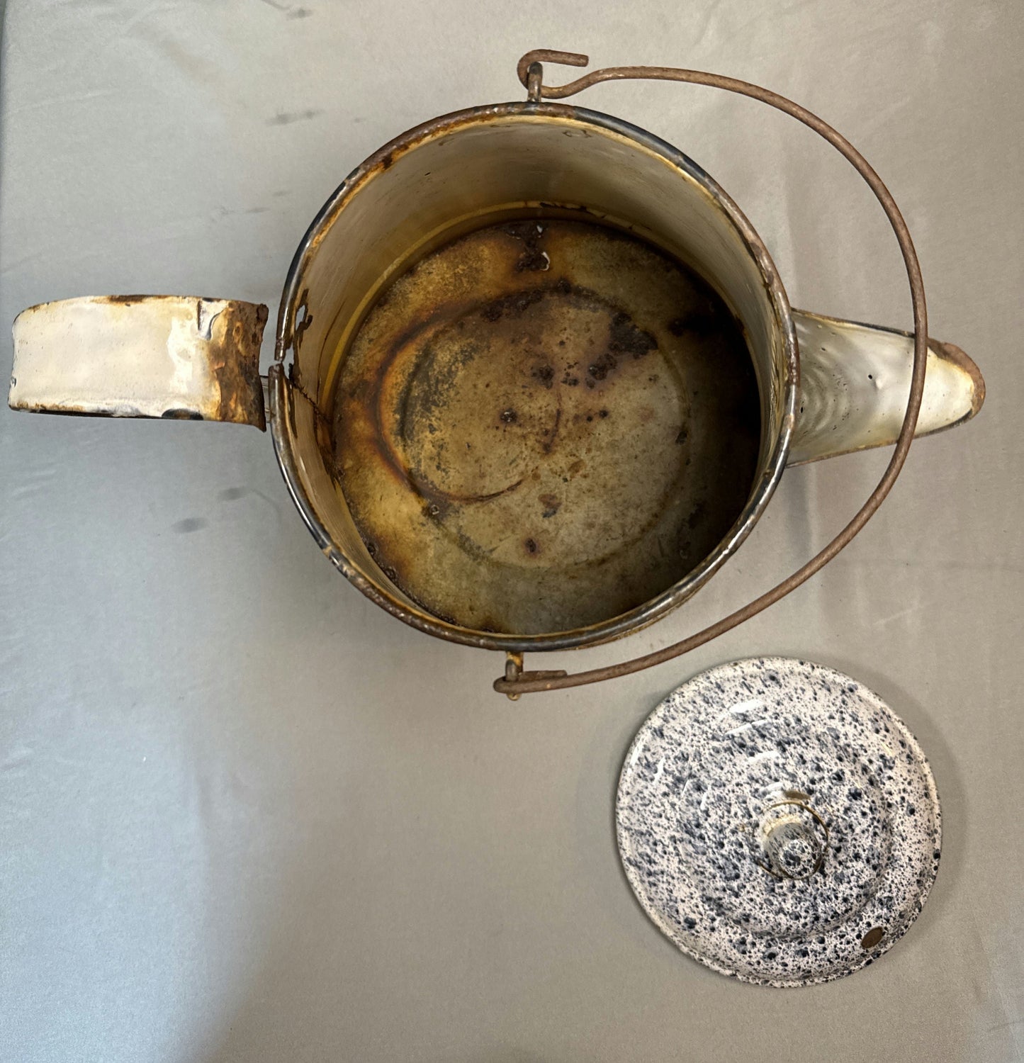 Antique Black & White Graniteware Coffee Pot with Lid