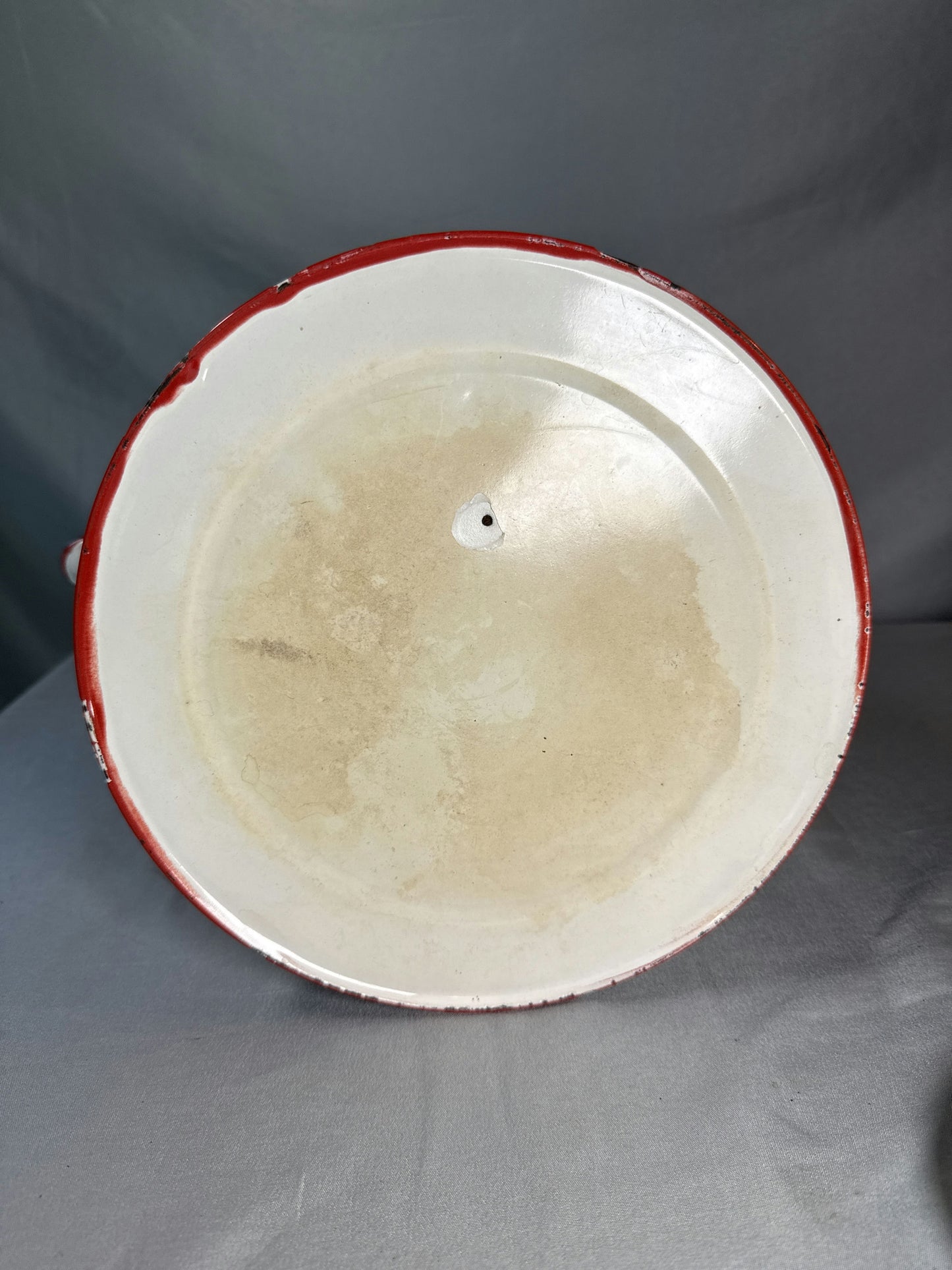 Vintage White Enamelware Coffee Pot with Red Trim & Wood Handle