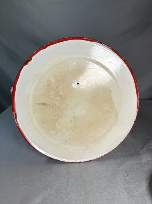 Vintage White Enamelware Coffee Pot with Red Trim & Wood Handle