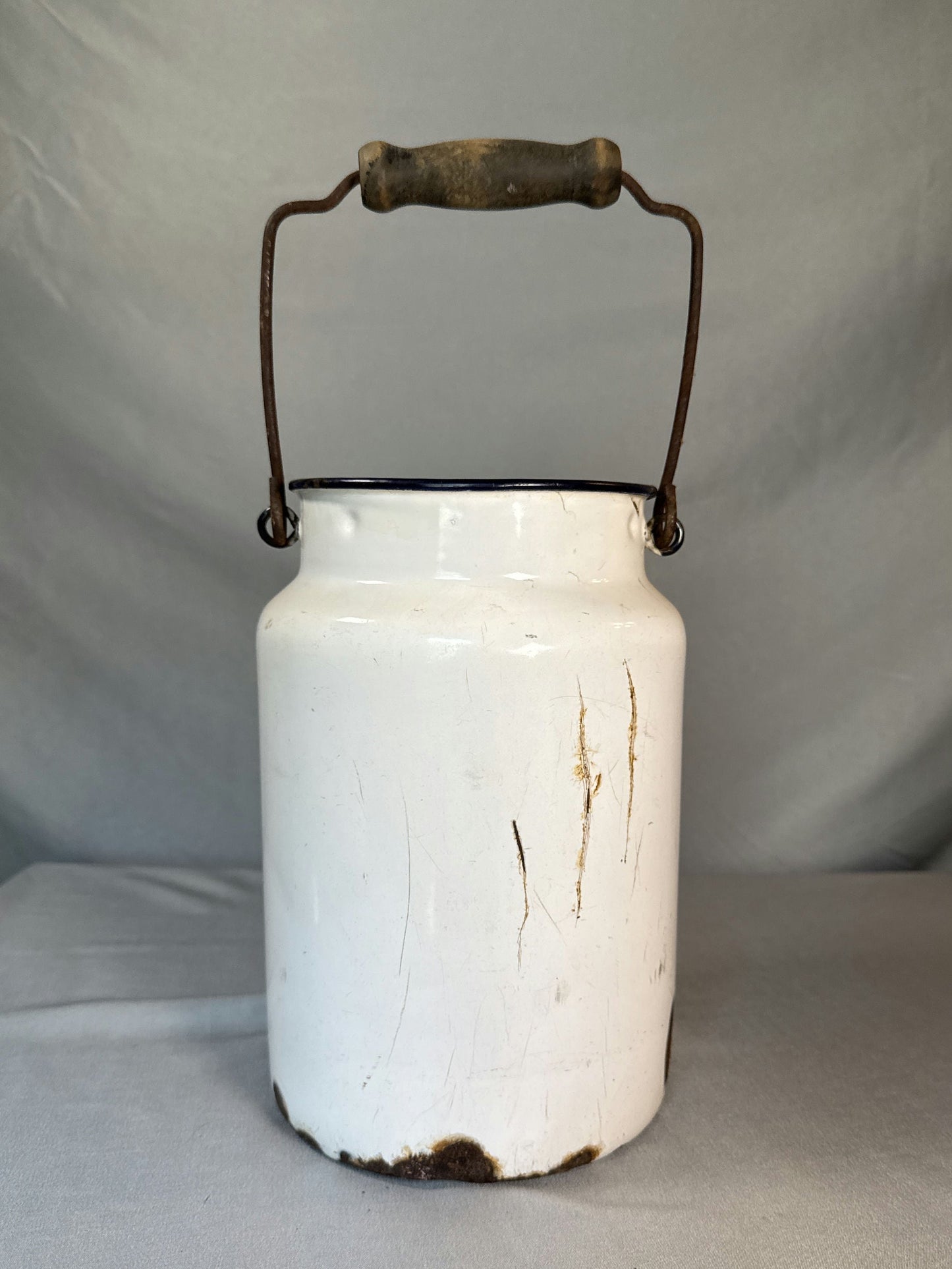 Antique White Enamelware Milk Can with Wooden Bail Handle
