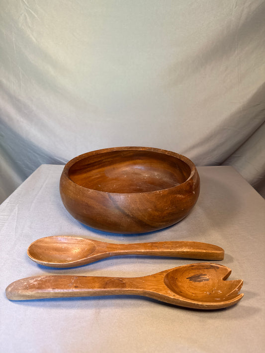 Vintage 12" Hand Turned Wooden Salad Bowl Set w/ Serving Spoon & Fork MCM