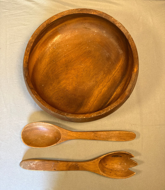 Vintage 12" Hand Turned Wooden Salad Bowl Set w/ Serving Spoon & Fork MCM