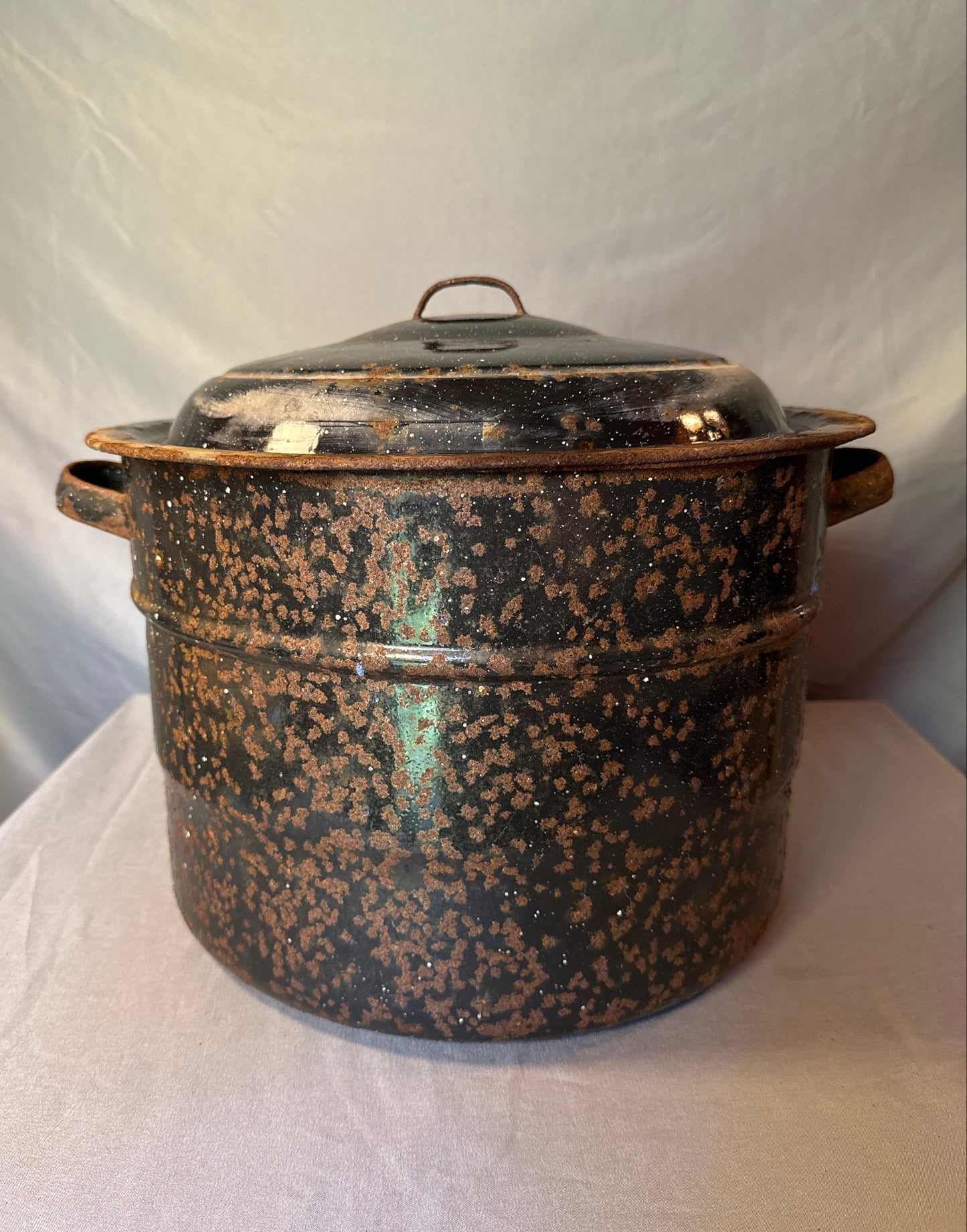 Vintage Graniteware Water Bath Canner Black Speckled Enamel w/ Lid & Rack