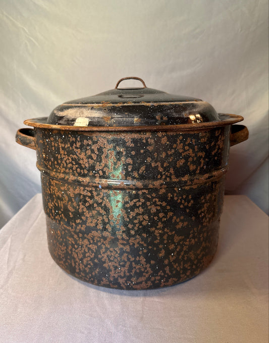 Vintage Graniteware Water Bath Canner Black Speckled Enamel w/ Lid & Rack
