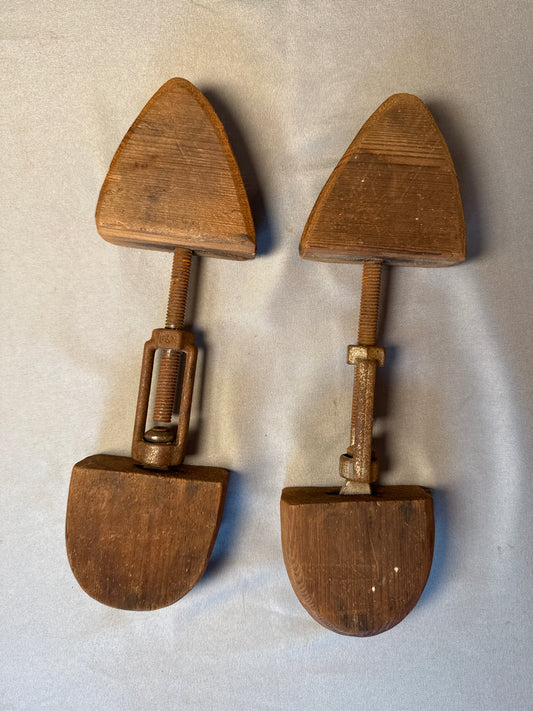 Vintage F&M Adjustable Wooden Shoe Trees Cast Iron Turnbuckle Pair USA