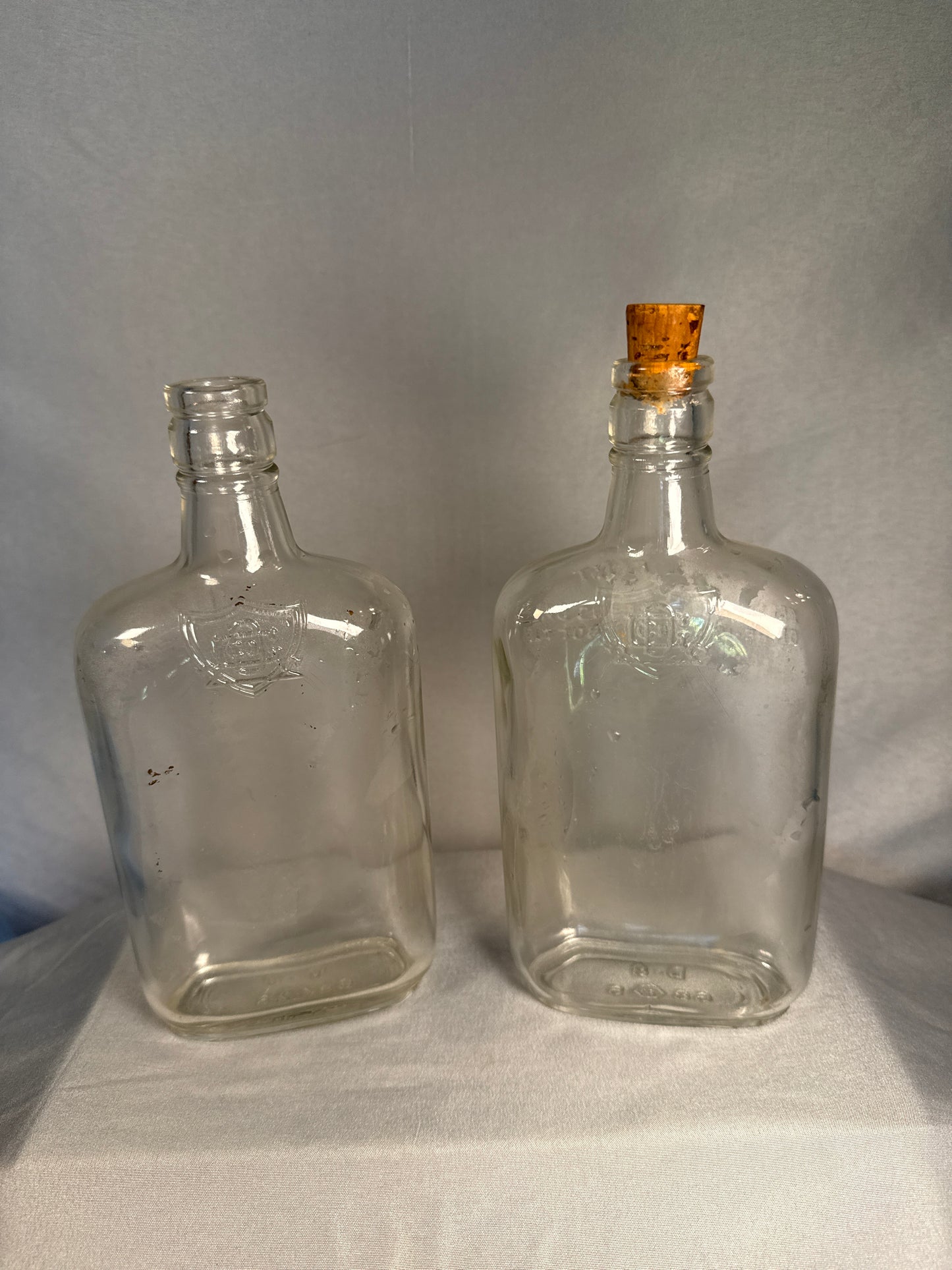 Pair Vintage Post-Prohibition Glass Liquor Flasks Federal Warning Bottles