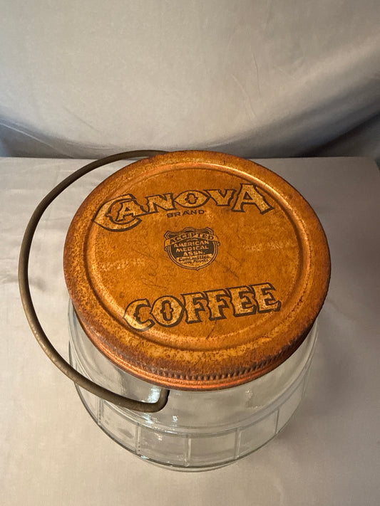 Pair Vintage Glass Barrel Storage Jars Canova Coffee Bradley's Candy TN