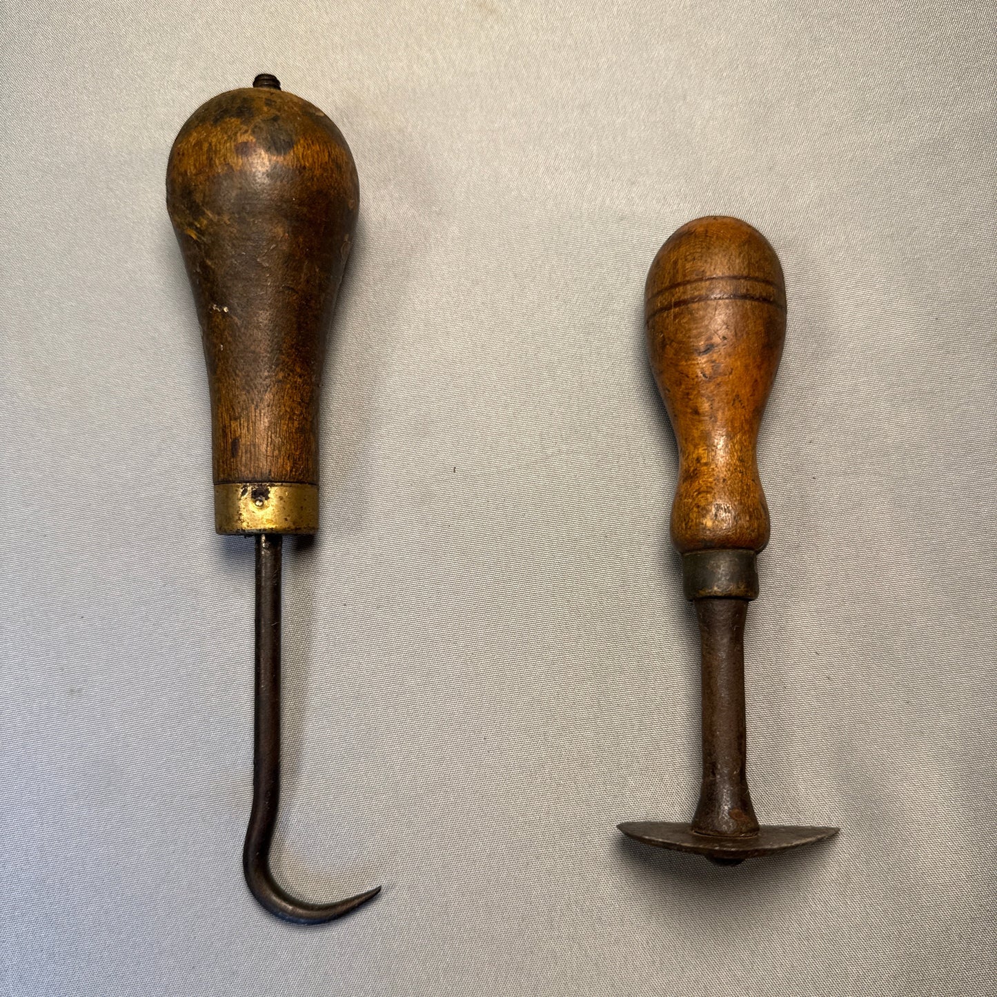 Antique Primitive Hand Tool Lot (2) Forged Hook + Edge Tool Brass Ferrule Wood Handle