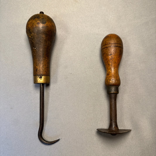 Antique Primitive Hand Tool Lot (2) Forged Hook + Edge Tool Brass Ferrule Wood Handle