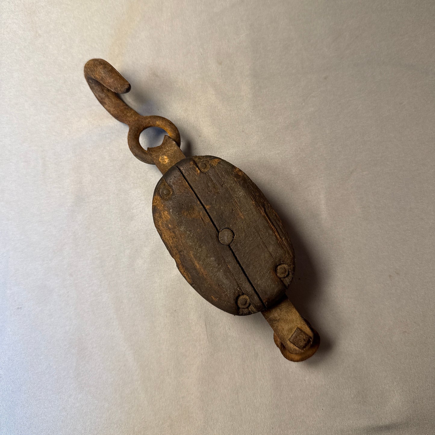 Antique 1800s Wood Block & Tackle Pulley Primitive Farm Barn Tool Iron Hook