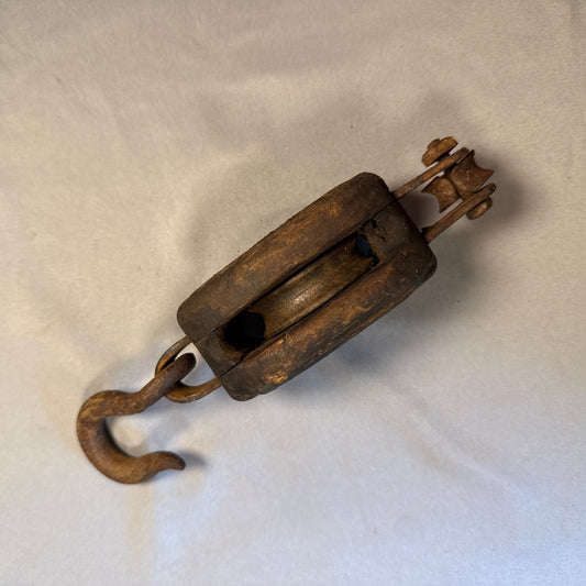 Antique 1800s Wood Block & Tackle Pulley Primitive Farm Barn Tool Iron Hook