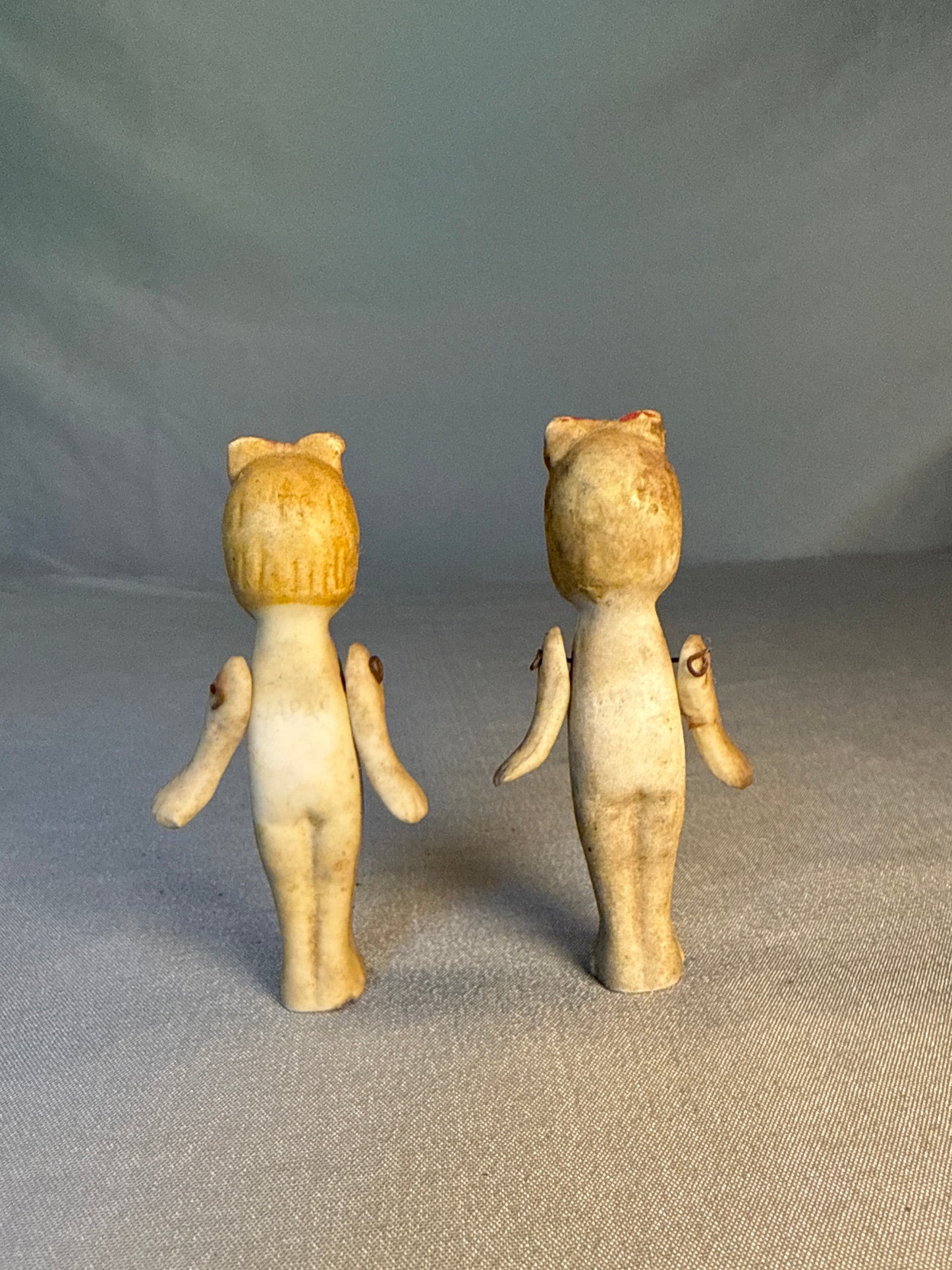 Antique Bisque Penny Dolls Pair – Kewpie Style Miniatures w/ Jointed Arms, Japan