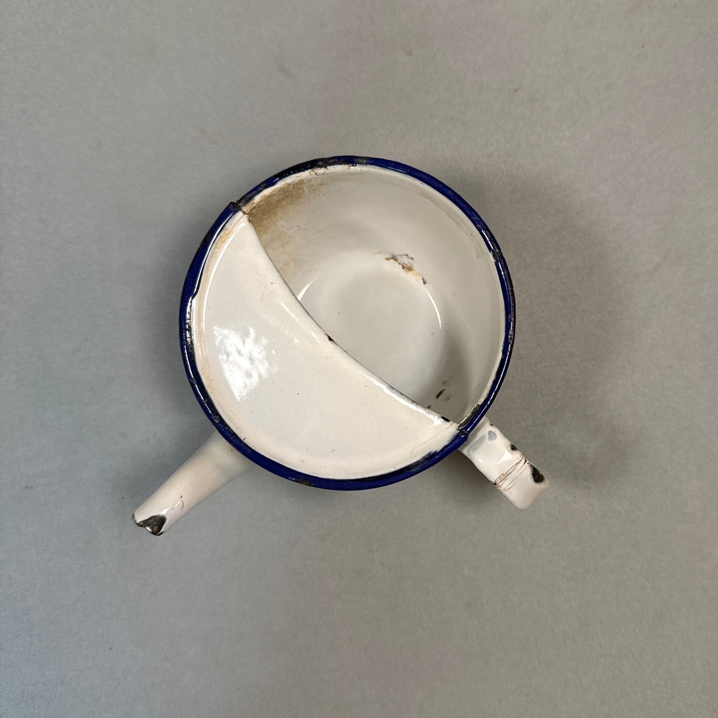 Antique Enamelware Invalid Feeding Cup White Cobalt Blue Rim Medical Feeder