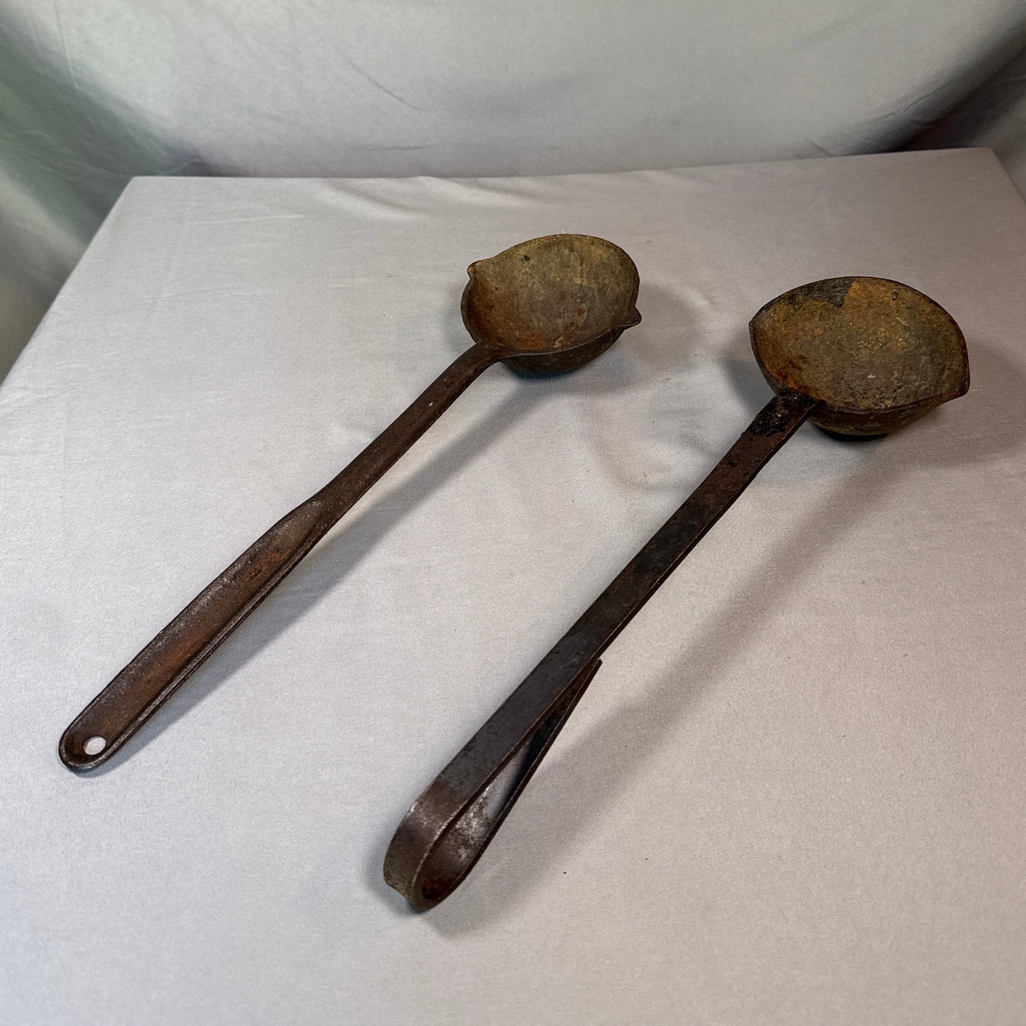 Antique Cast Metal Melting Ladles Pair Long Handle Lead Pouring Foundry Blacksmith Tools