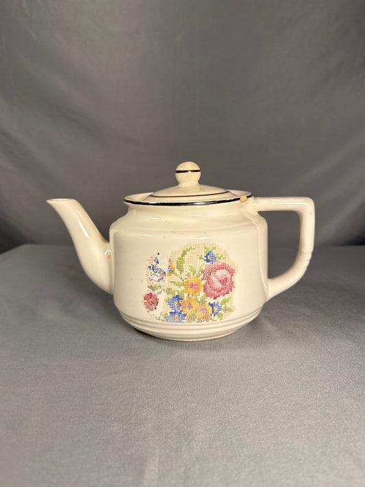 Vintage Harker Pottery Petit Point Teapot w/ Lid Hotoven Floral Ceramic Made in USA