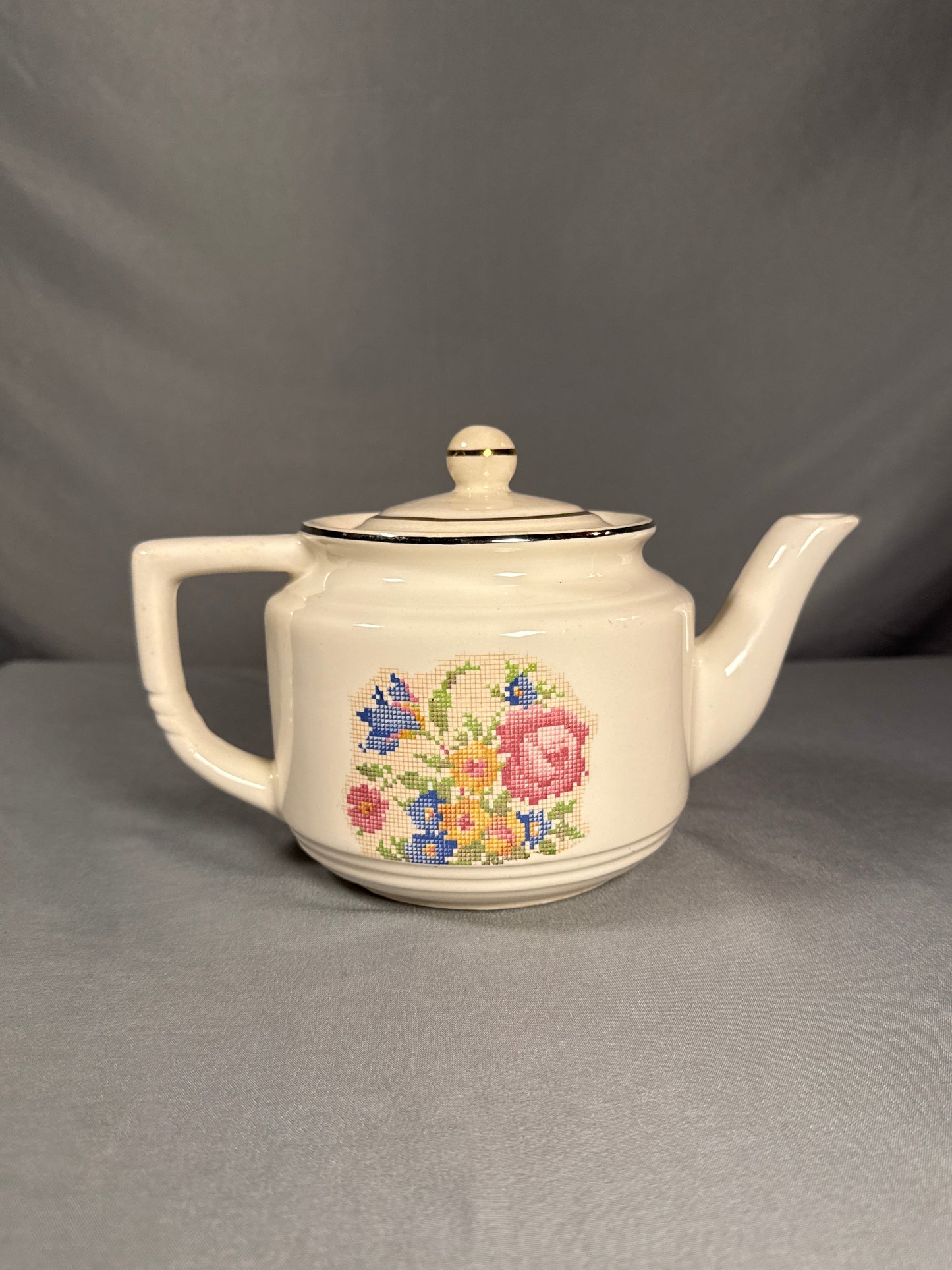 Vintage Harker Pottery Petit Point Teapot w/ Lid Hotoven Floral Ceramic Made in USA