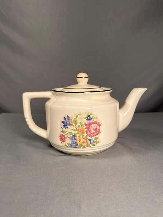 Vintage Harker Pottery Petit Point Teapot w/ Lid Hotoven Floral Ceramic Made in USA