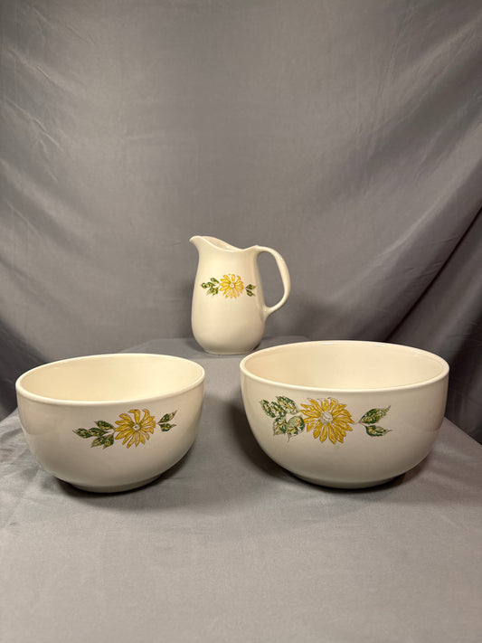 Vintage Yellow Daisy Sunflower Mixing Bowl Pitcher Set Mid Century Ceramic USA