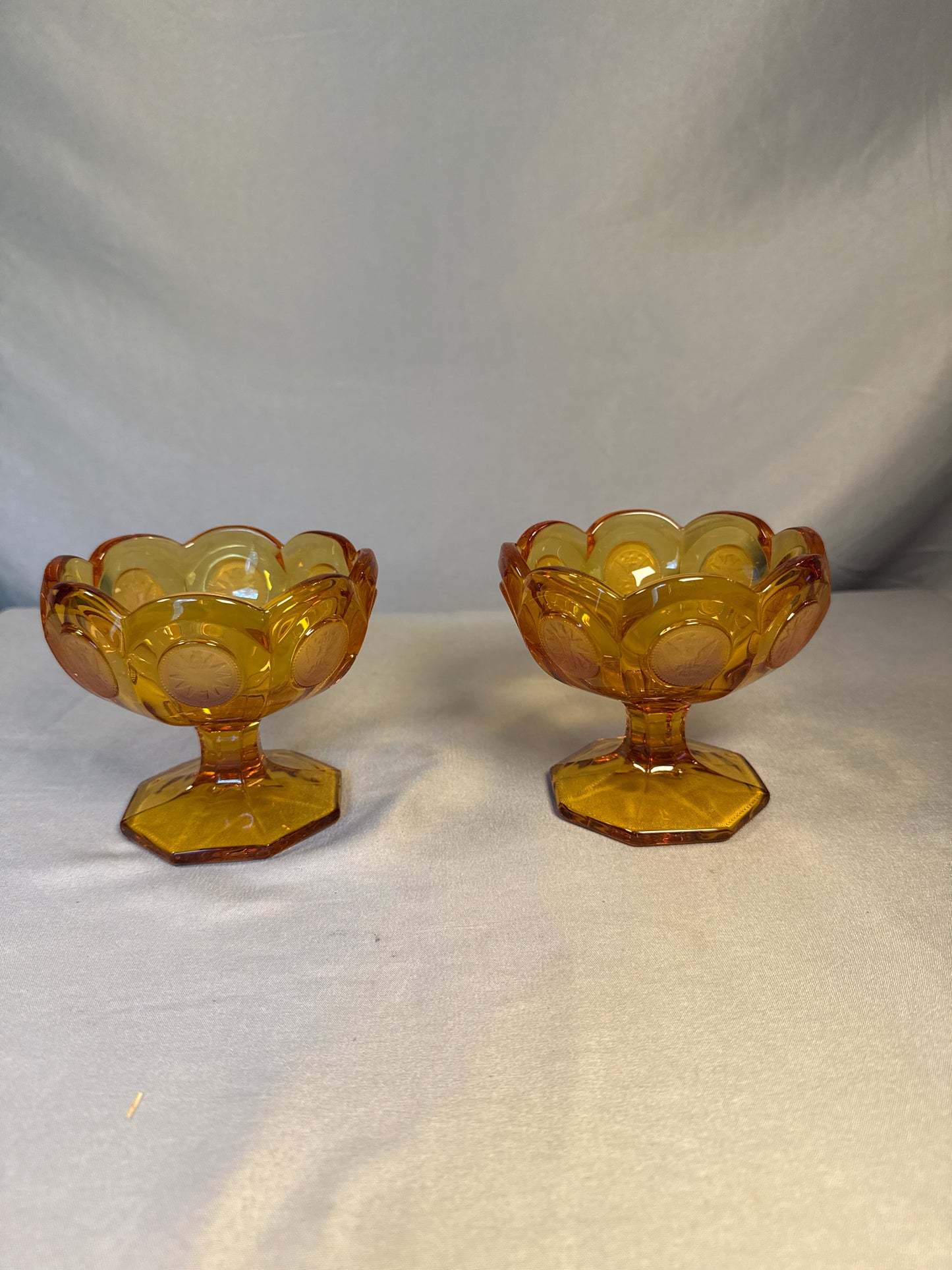 Vintage Fostoria Amber Coin Glass 10-Piece Estate Lot - Pitcher, Bowls, Vases, Lidded Dishes