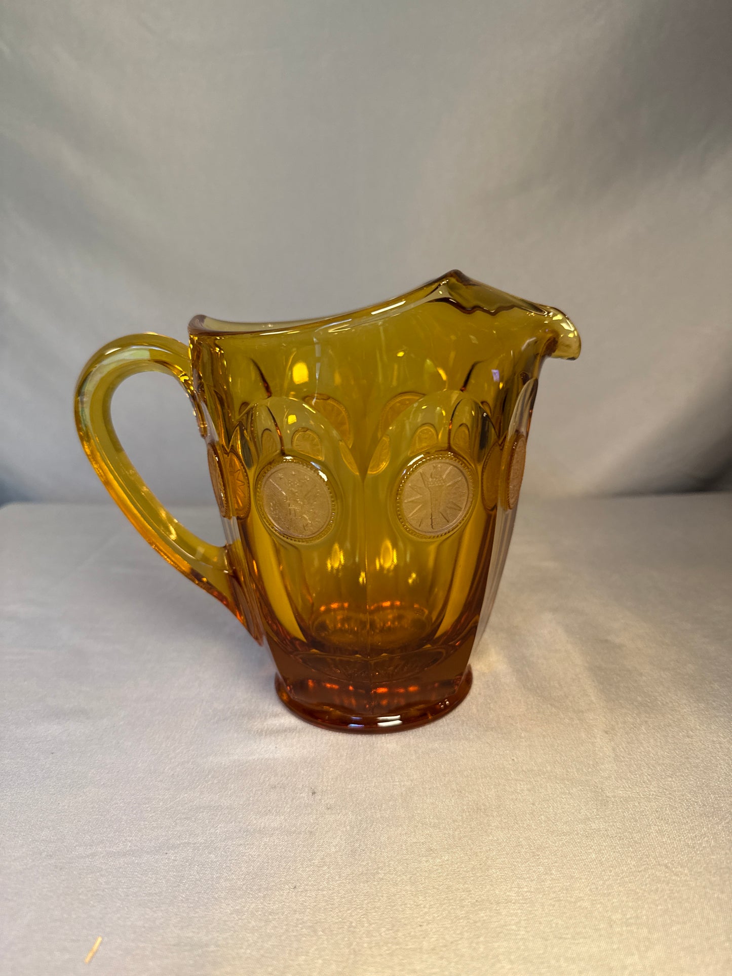 Vintage Fostoria Amber Coin Glass 10-Piece Estate Lot - Pitcher, Bowls, Vases, Lidded Dishes