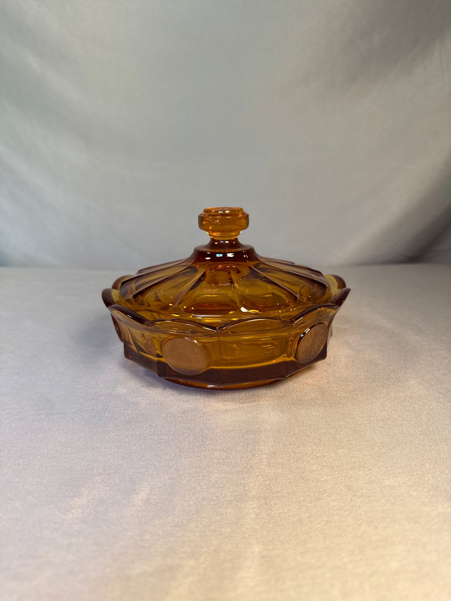 Vintage Fostoria Amber Coin Glass 10-Piece Estate Lot - Pitcher, Bowls, Vases, Lidded Dishes