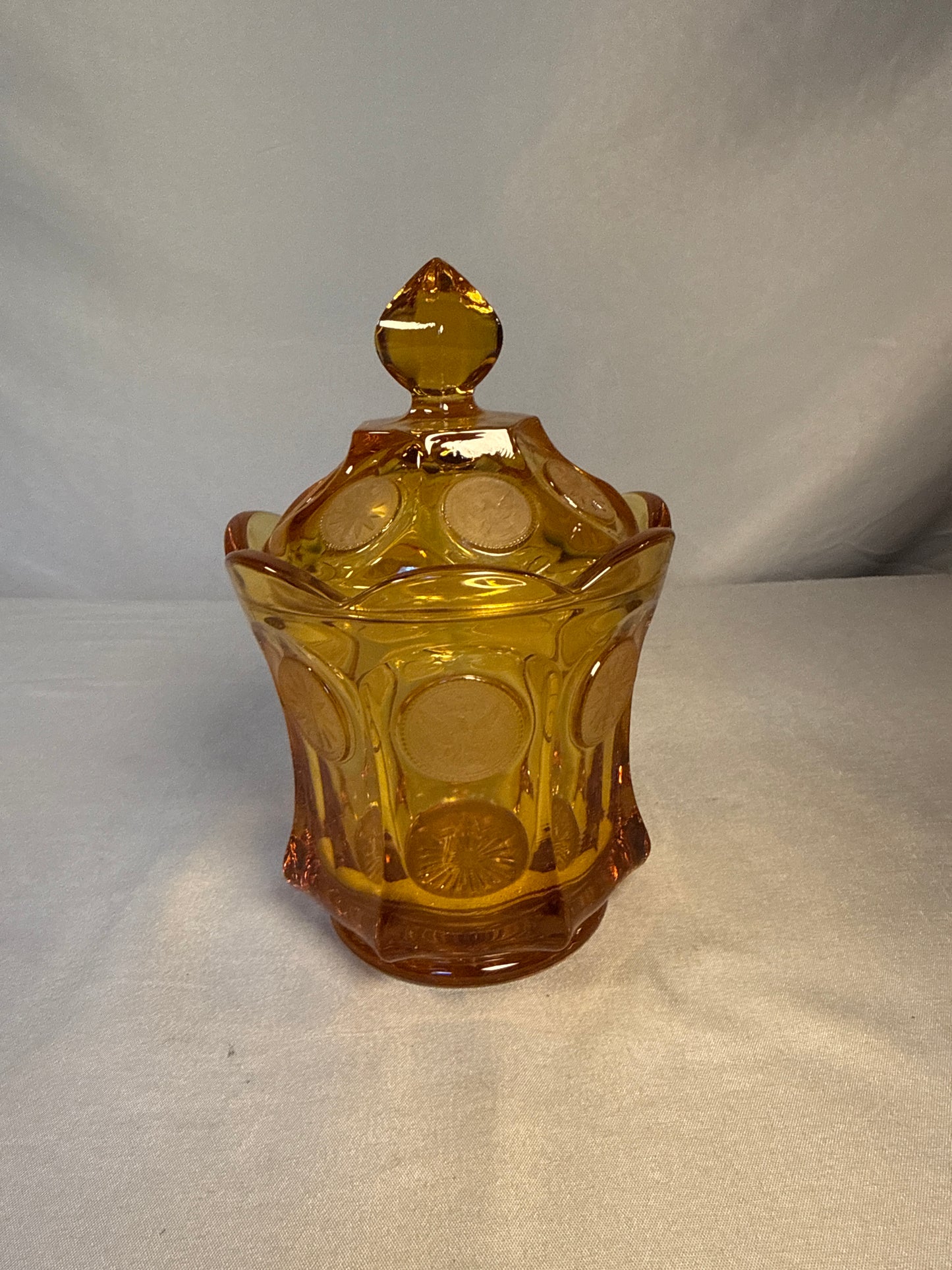 Vintage Fostoria Amber Coin Glass 10-Piece Estate Lot - Pitcher, Bowls, Vases, Lidded Dishes