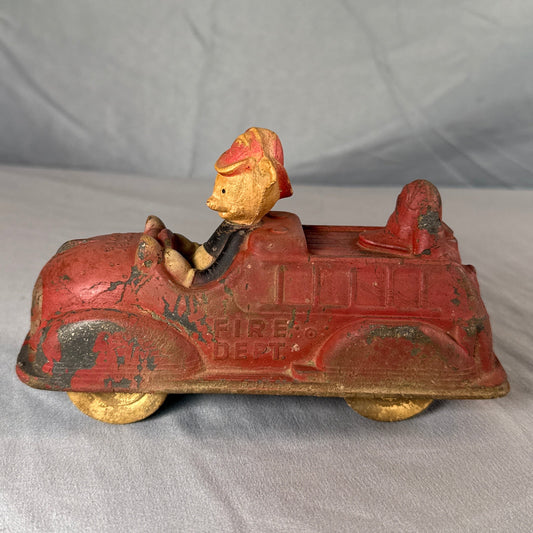 Vintage Walt Disney Productions Mickey Mouse Fire Department Toy Car w/ Wooden Wheels