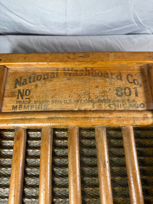Antique National Washboard Co No. 801 Glass and Wood Washboard Primitive Laundry Tool