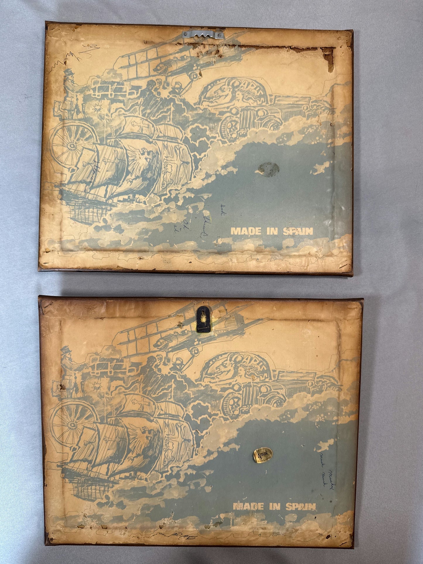 Vintage Embossed Brass Automobile Wall Plaques on Faux Leather Panels (made in Spain)