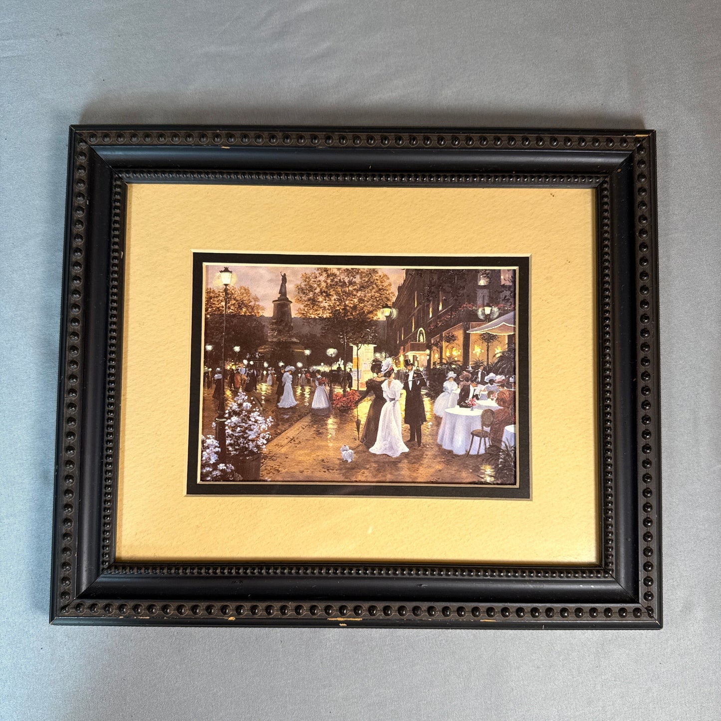 Vintage Paris Street Café Scene Print in Black Beaded Frame Wall Art