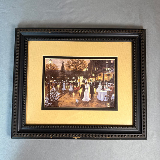 Vintage Paris Street Café Scene Print in Black Beaded Frame Wall Art