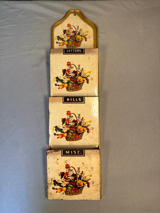 Vintage 1950s Metal Wall Mount Mail Sorter with Floral Basket Graphics